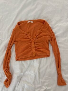 Orange Ribbed Button-Front Crop Top